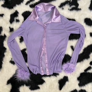 Mesh/Satin button up with fur trimmed wrist